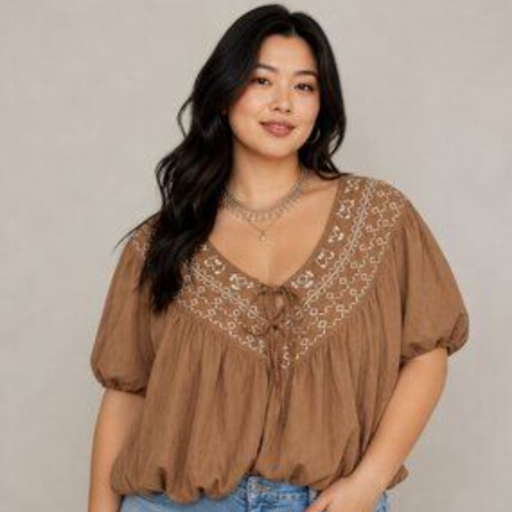 Festi Cotton Blend Organic Puff Sleeve Peasant Blouse 1 14-16
